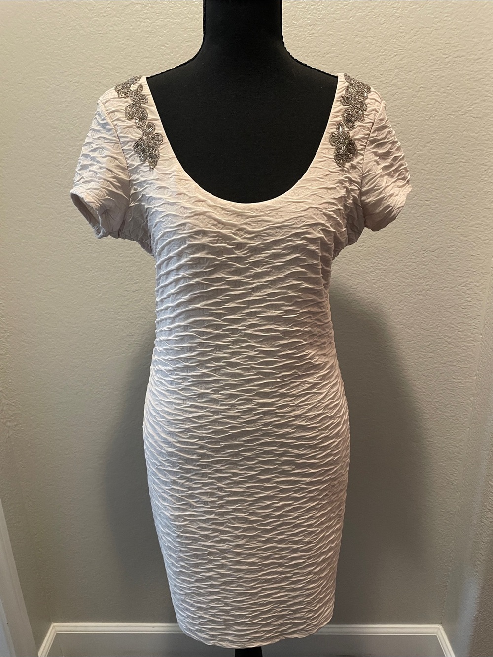 Free People Cream Textured Scoop Midi Dress with Shoulder Embellishments